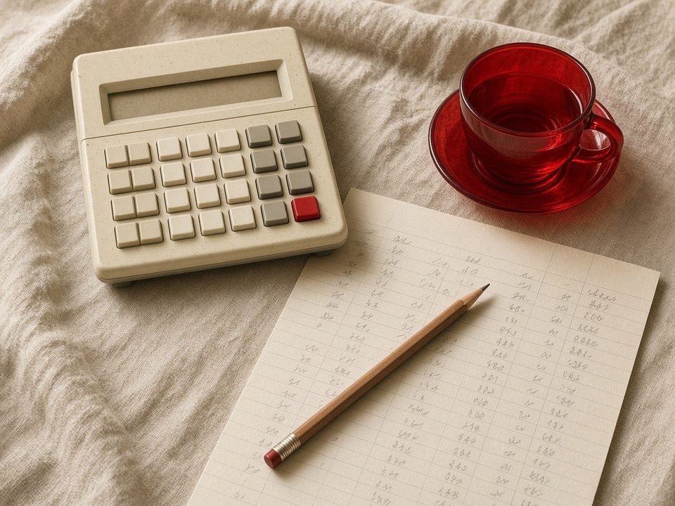 A calculator, a pencil, a ledger sheet and a red glass cup