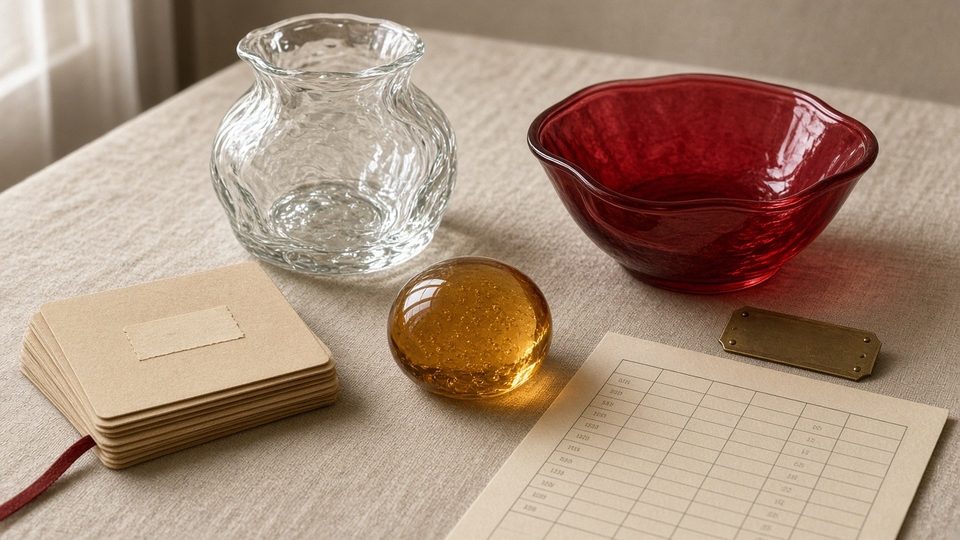 Glass pieces on a table with a stack of index cards, a ledger sheet and a brass plate