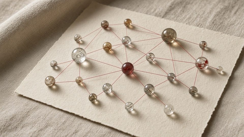 Glass beads joined by red thread into a network