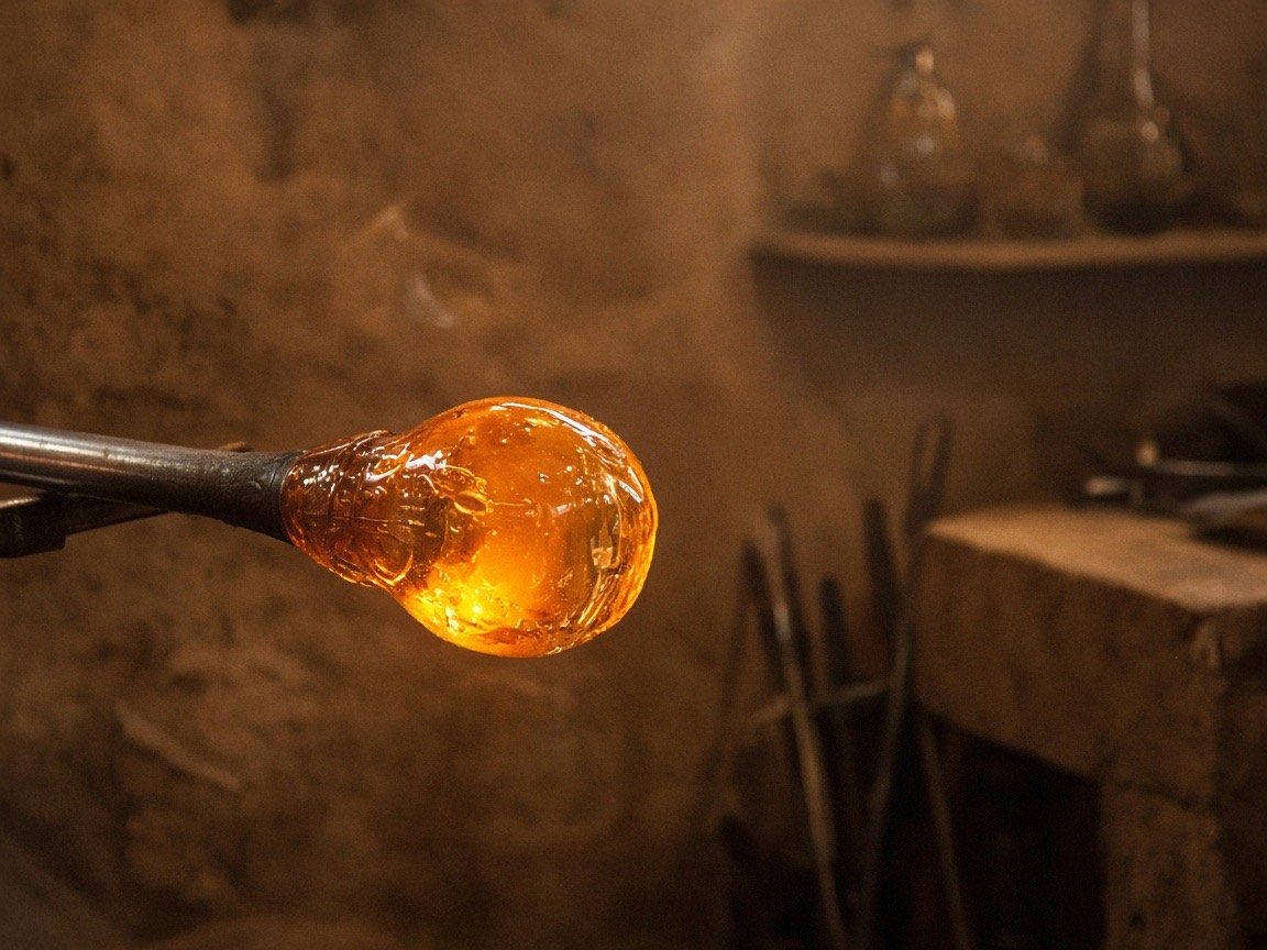 A molten amber gather of glass on the end of a blowpipe