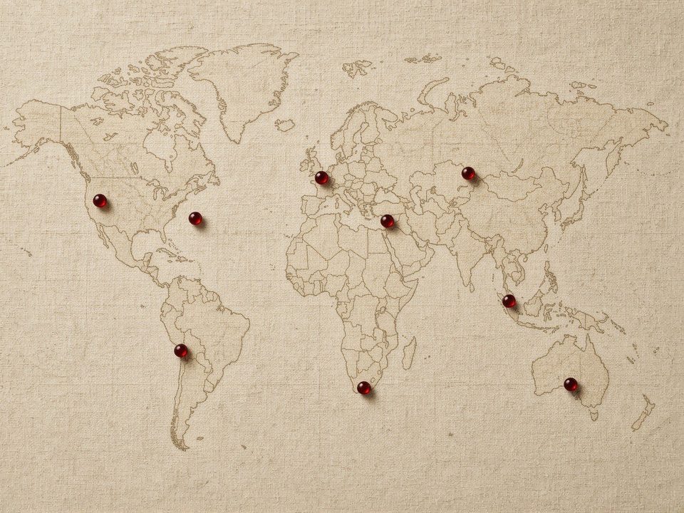 A linen world map with red glass beads marking studios