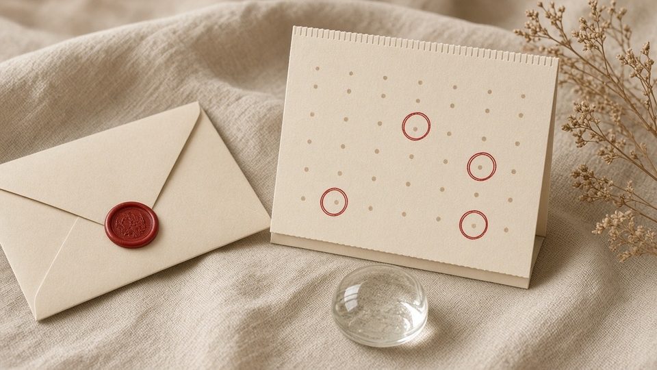 A desk calendar with circled dates, a sealed envelope and a glass paperweight