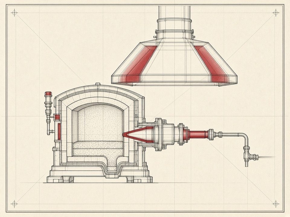 A blueprint-style drawing of a furnace, burner and exhaust hood